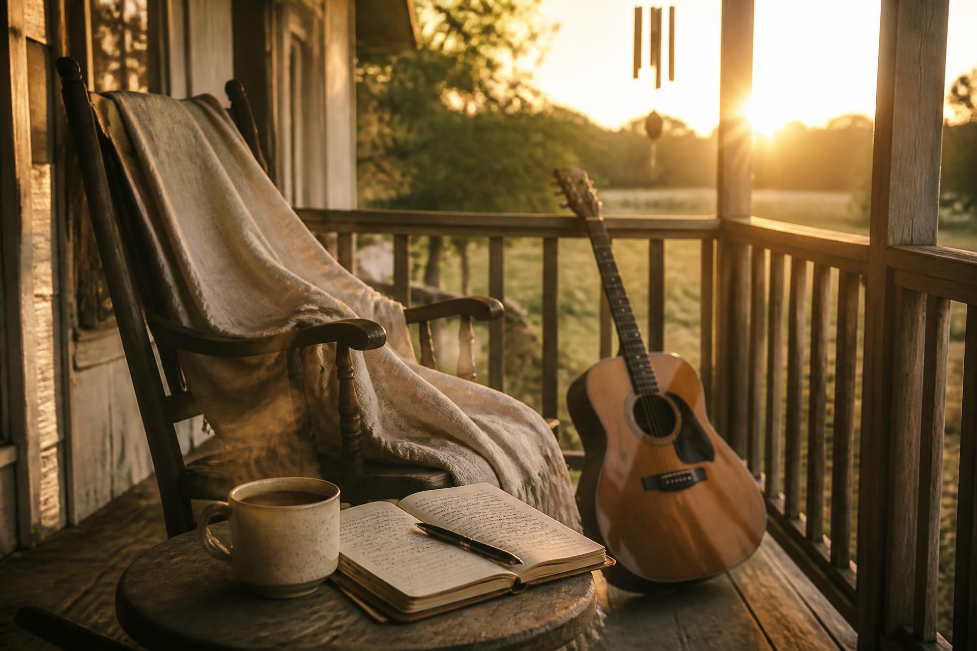 A rocking chair, an open journal, coffee, and an acoustic guitar on a sunlit porch at sunrise