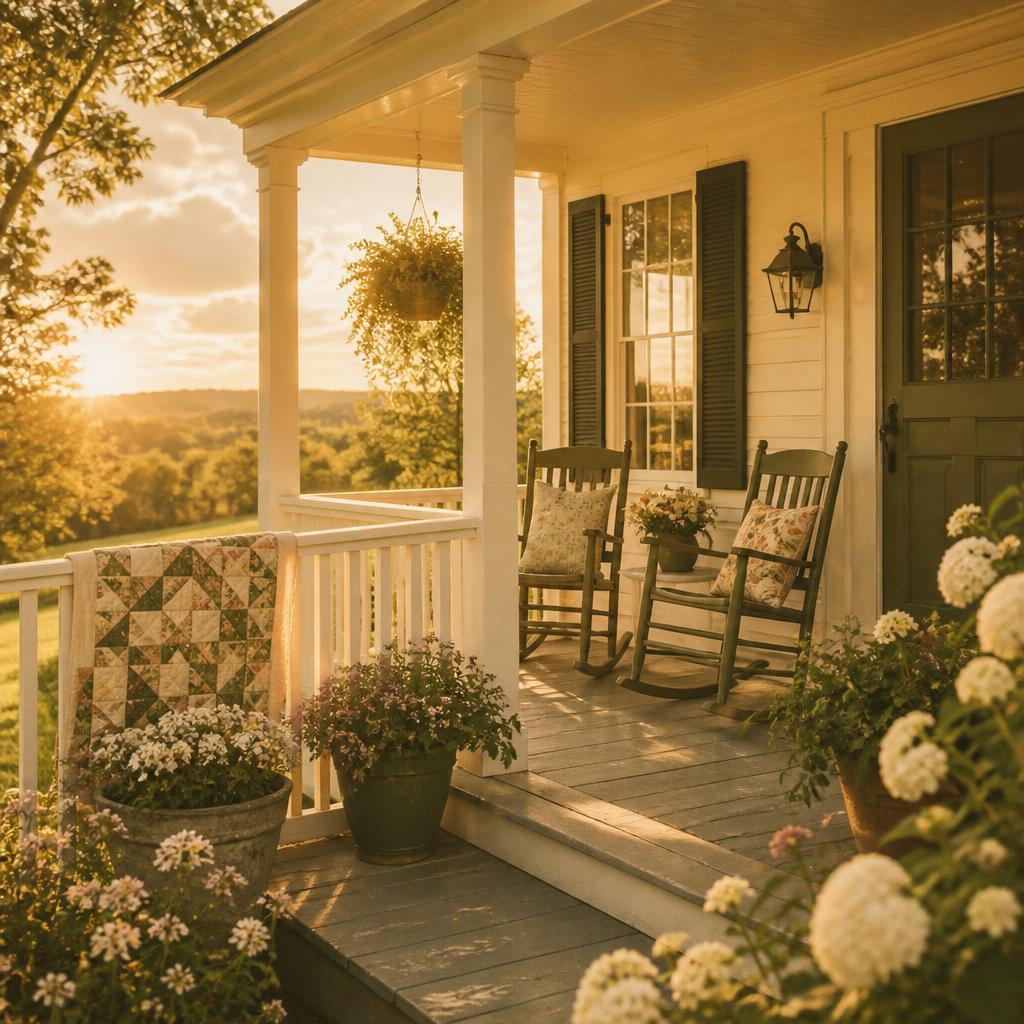 Single artwork — a sunlit farmhouse porch at golden hour