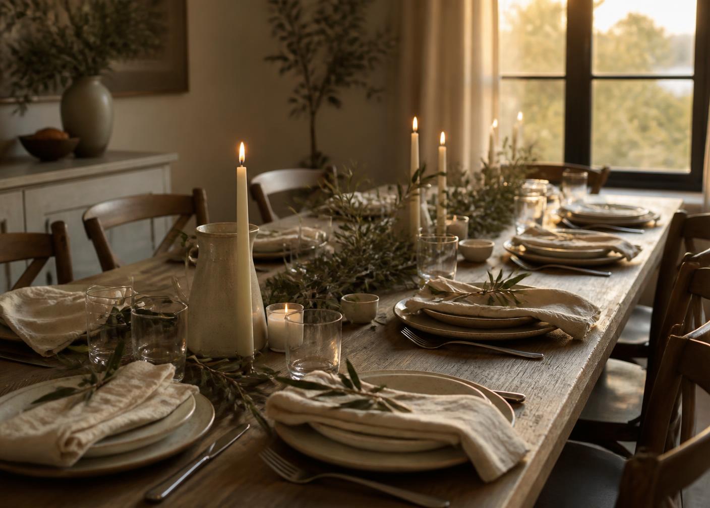 A long table set for friends, warm light, an empty chair waiting